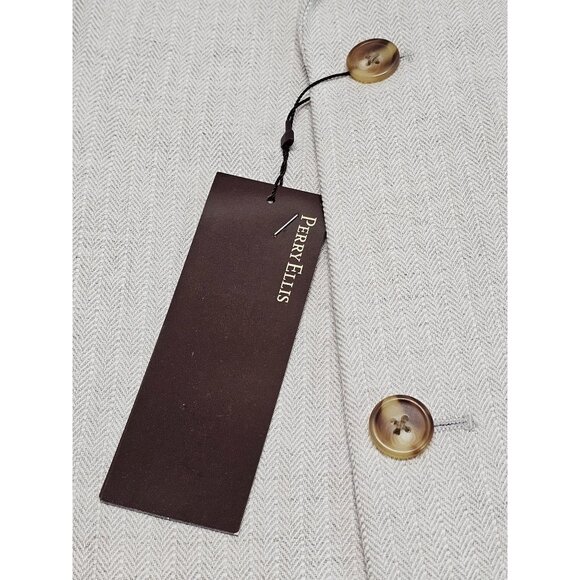 NWT Perry Ellis Men Ivory Herringbone Linen Blend Blazer Tailored Sz 44 Reg 2760 - Picture 13 of 15